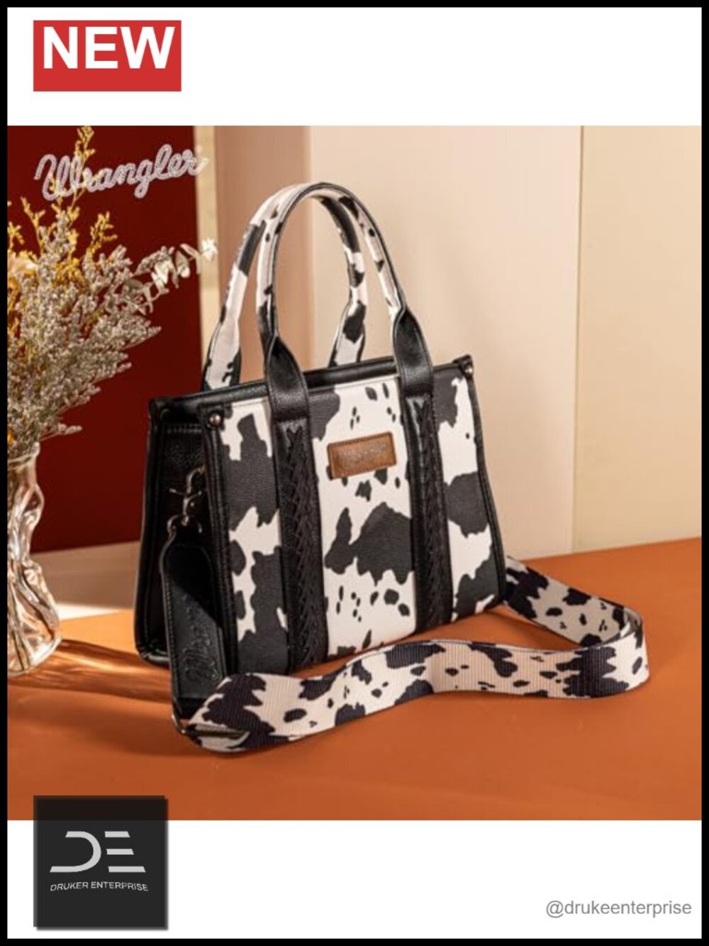Western Cow Print Tote Bag with Faux Leather Whipstitch Accents - Picture 2 of 6
